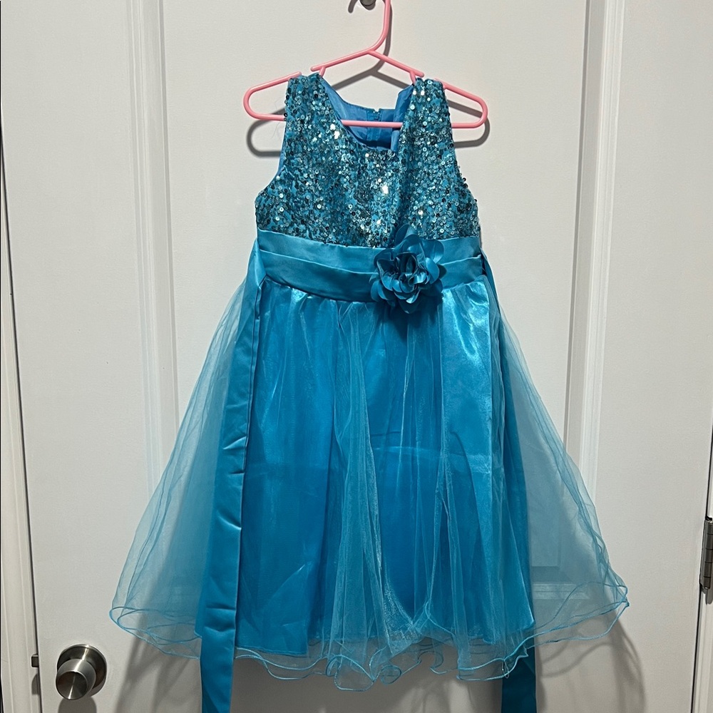 Blue Sequin Dress with Flower Accent